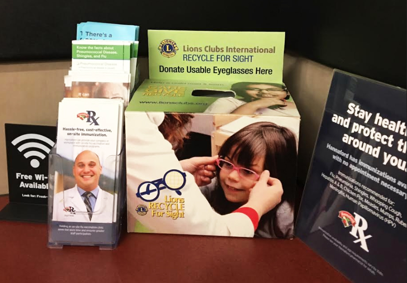 Lions Club eyeglasses donation box located at the Hannaford Pharmacy  counter in Yarmouth, Maine